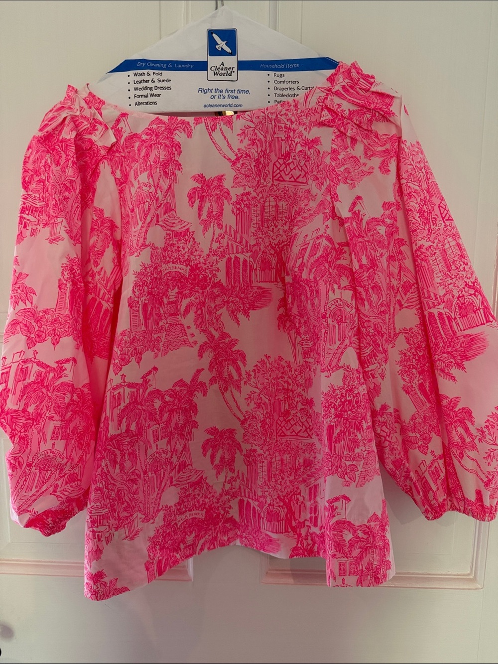 Lilly Pulitzer Pink Toile Puff-Sleeve Blouse
